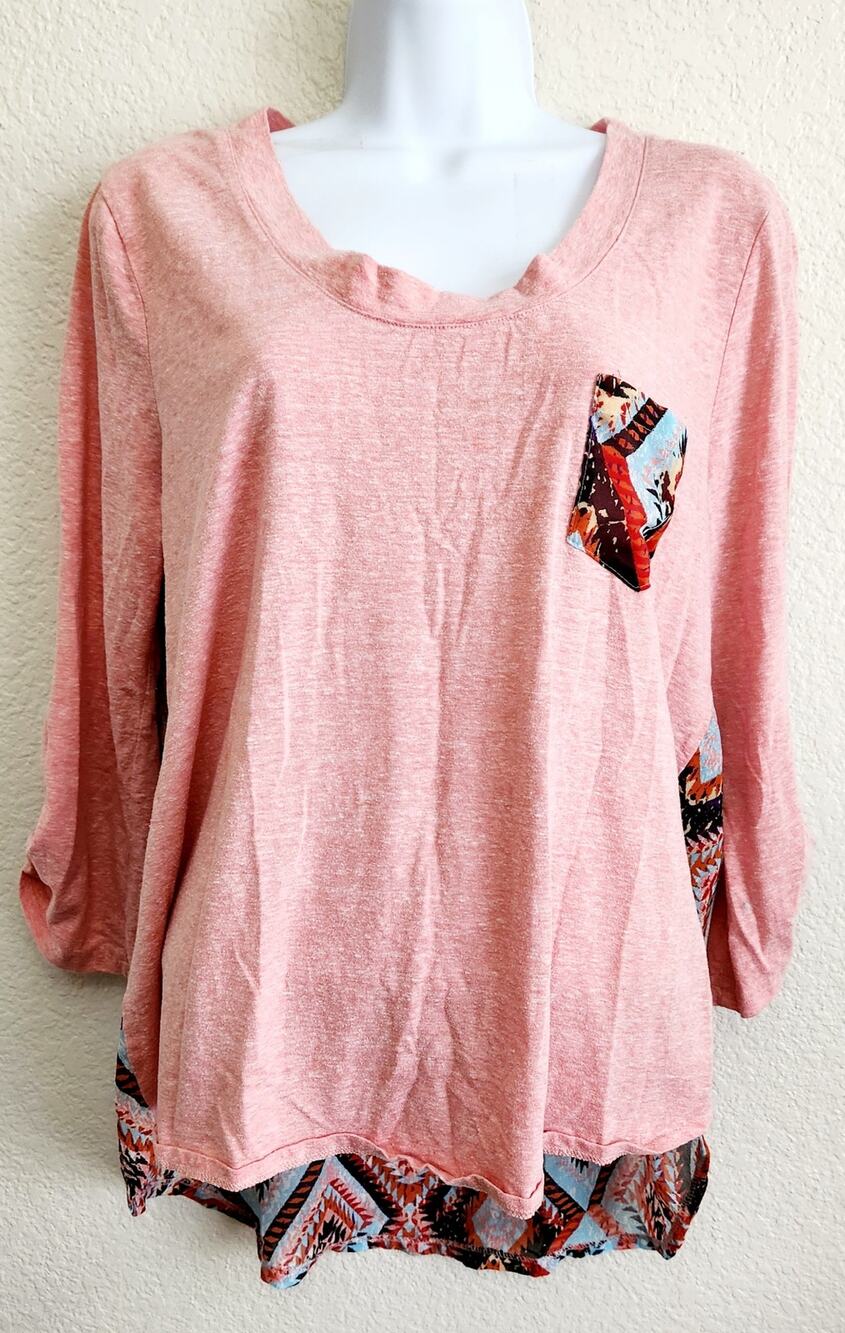 Liberty Love Orange Heathered Hi Low Hem Top 1XL Lightweight Roll Tab Sleeves